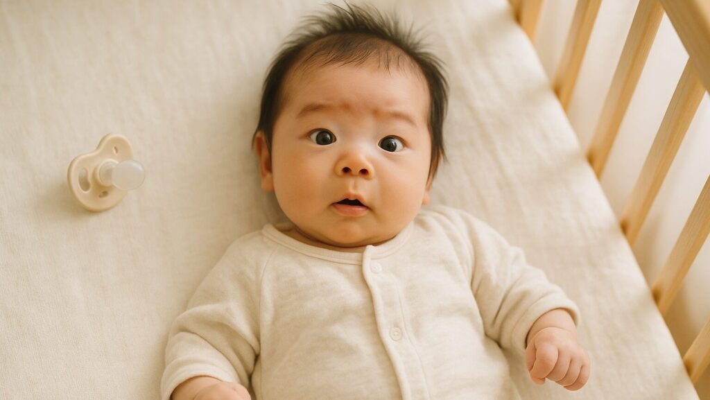 初めてのおしゃぶりに驚き、吐き出してきょとんとしている赤ちゃん