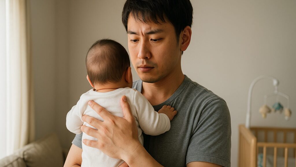赤ちゃんを優しく縦抱きしている男性