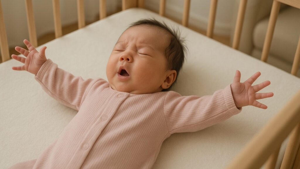 ベビーベッドの上でモロー反射を起こしている赤ちゃん