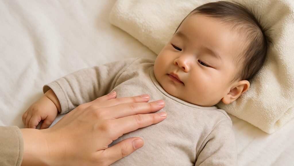 赤ちゃんのお腹にお母さんが優しく手を乗せている様子
