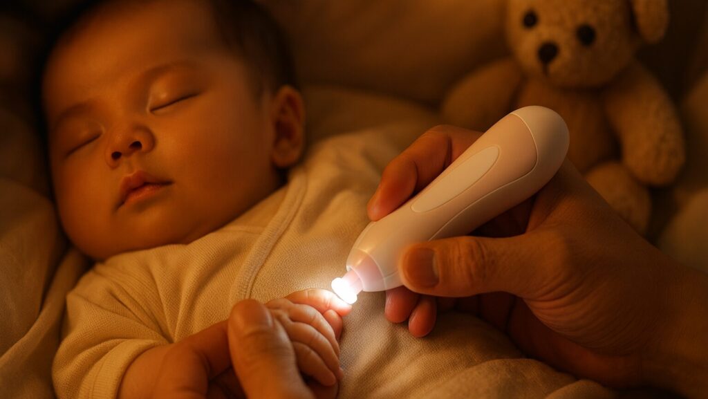 赤ちゃんが寝ている間に電動爪やすりで爪をケアされている様子