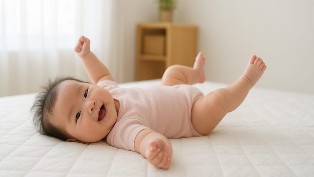 女の子の赤ちゃんがベッドの上で手足を楽しそうにバタバタさせている様子