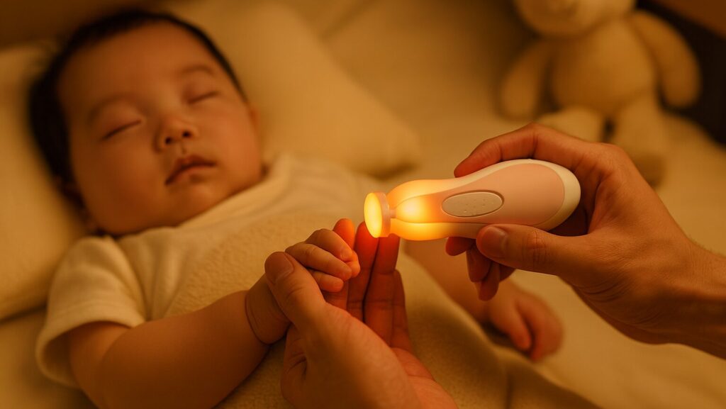 赤ちゃんが寝ている間に電動爪やすりで爪をケアしようとしている様子