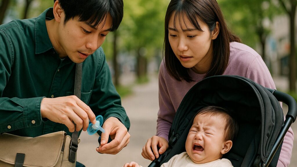 外出先でベビーカーに乗って泣いている赤ちゃんとおしゃぶりを取り出す夫婦