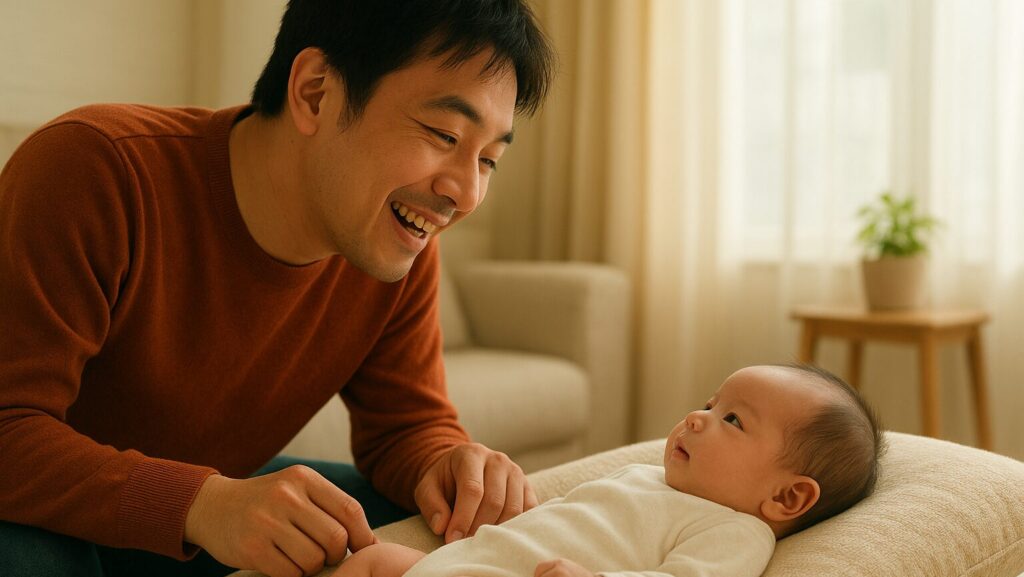 父親が寝ている赤ちゃんに笑顔で話しかける様子