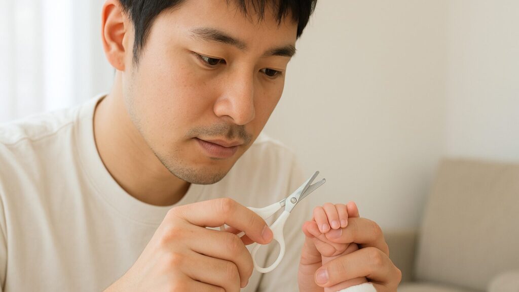 赤ちゃんの爪を切ろうとしているパパ