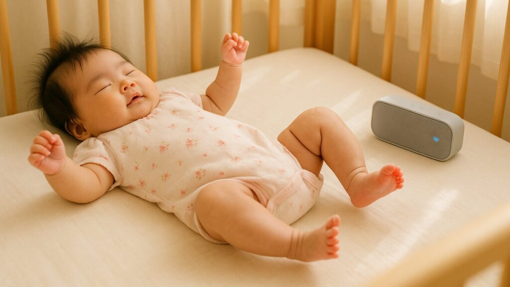 音楽を聴いて手足をばたつかさている赤ちゃん
