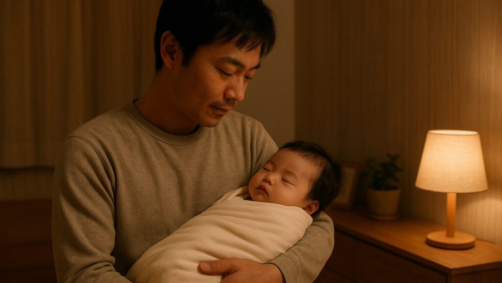 夜の部屋でスワドルに包まれた赤ちゃんを抱っこしているパパ