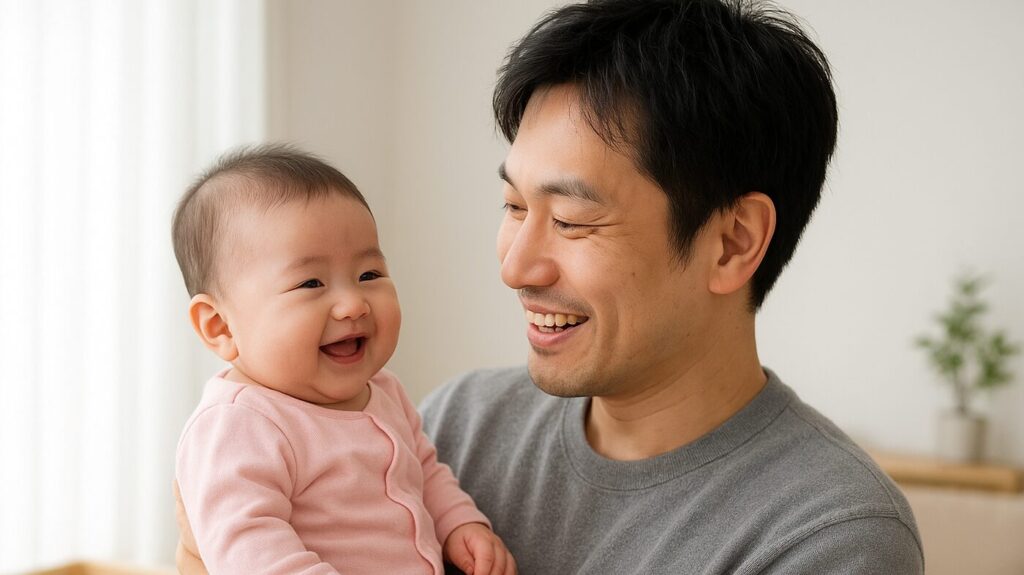 赤ちゃんの社会的微笑を見て笑顔になっているパパ