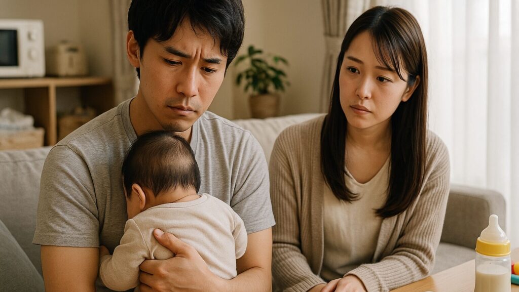 赤ちゃんを抱っこして心配そうにしている夫婦