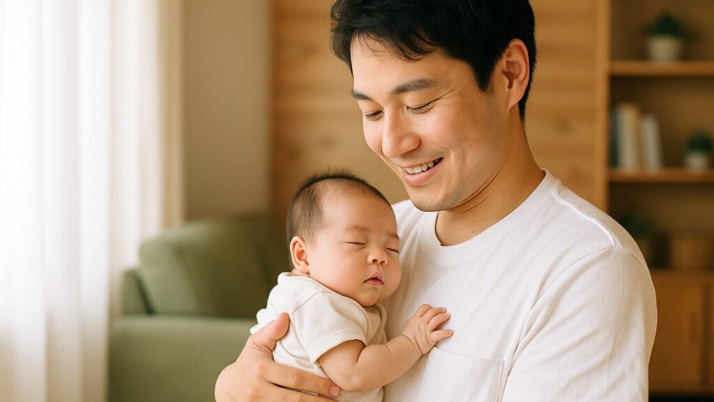 赤ちゃんを縦抱きするパパ