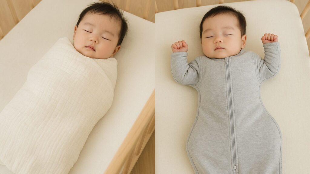 左は布タイプ（おくるみ）、右はジッパータイプのスワドルを着て寝ている赤ちゃん