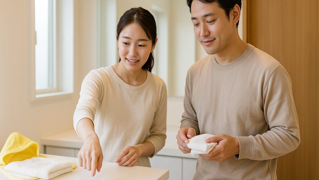 沐浴のやり方を、妻が事前に夫に伝えている様子