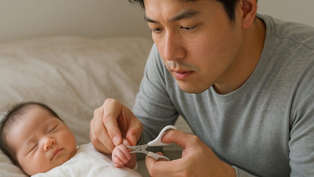 寝ている赤ちゃんの爪を爪切りハサミで切ろうとしているパパ