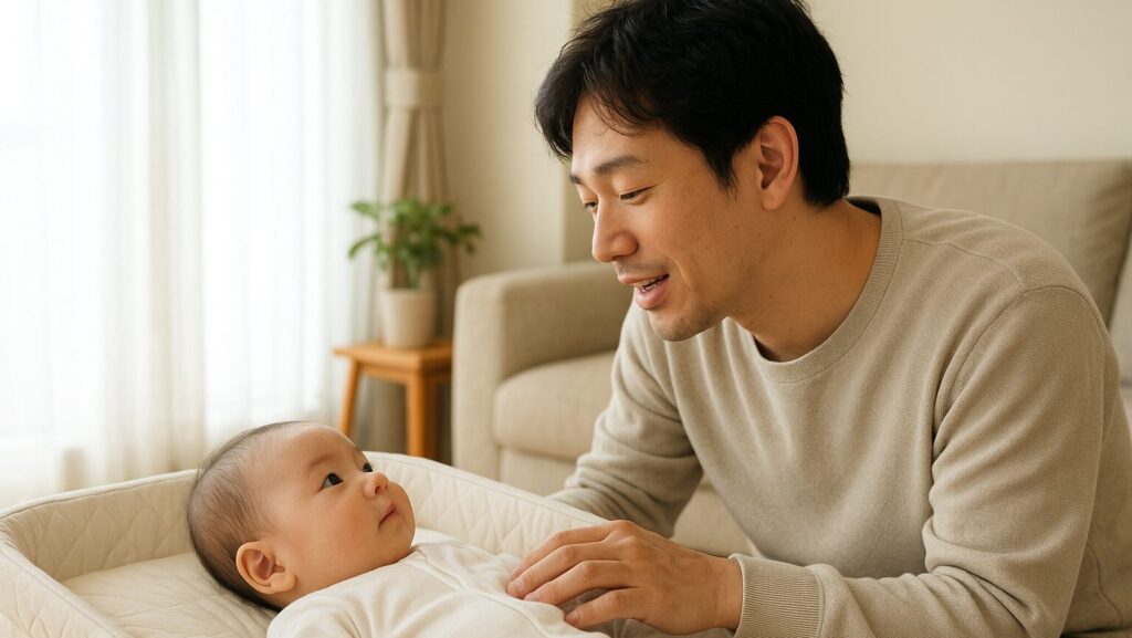 赤ちゃんに話しかける父親と、父親を見つめる赤ちゃん