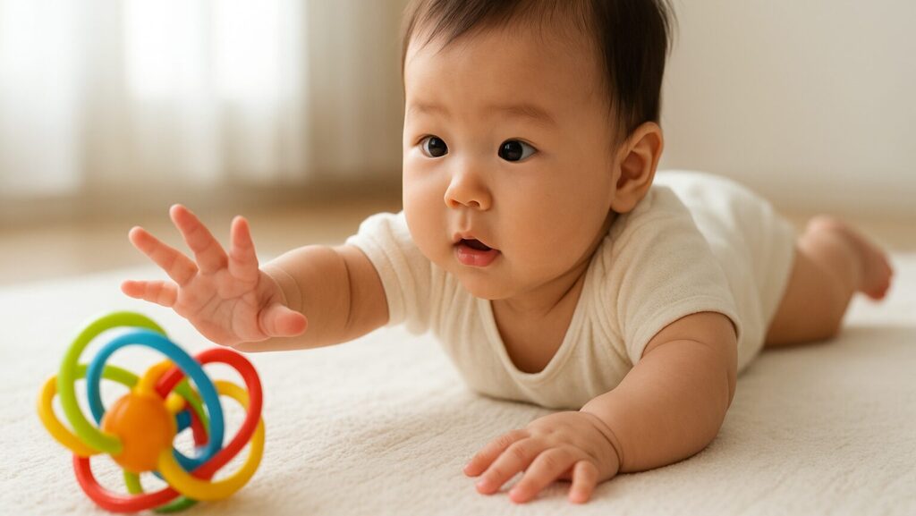 おもちゃに手を伸ばしている赤ちゃん