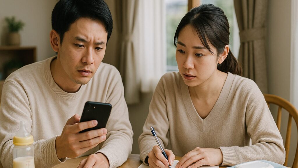 夫婦でスマートフォンを見ながら育児について相談している様子