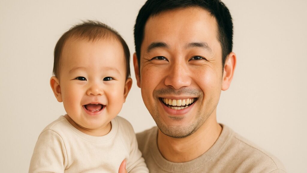 パパと赤ちゃんが笑顔でこちらを見ている様子