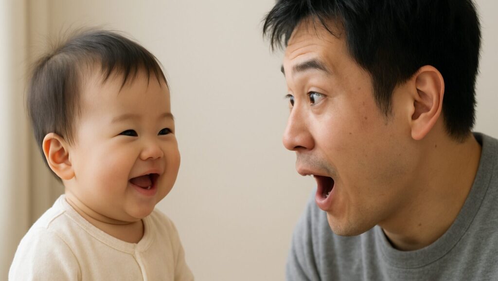 赤ちゃんの初めての社会的微笑を見てびっくりしているパパ