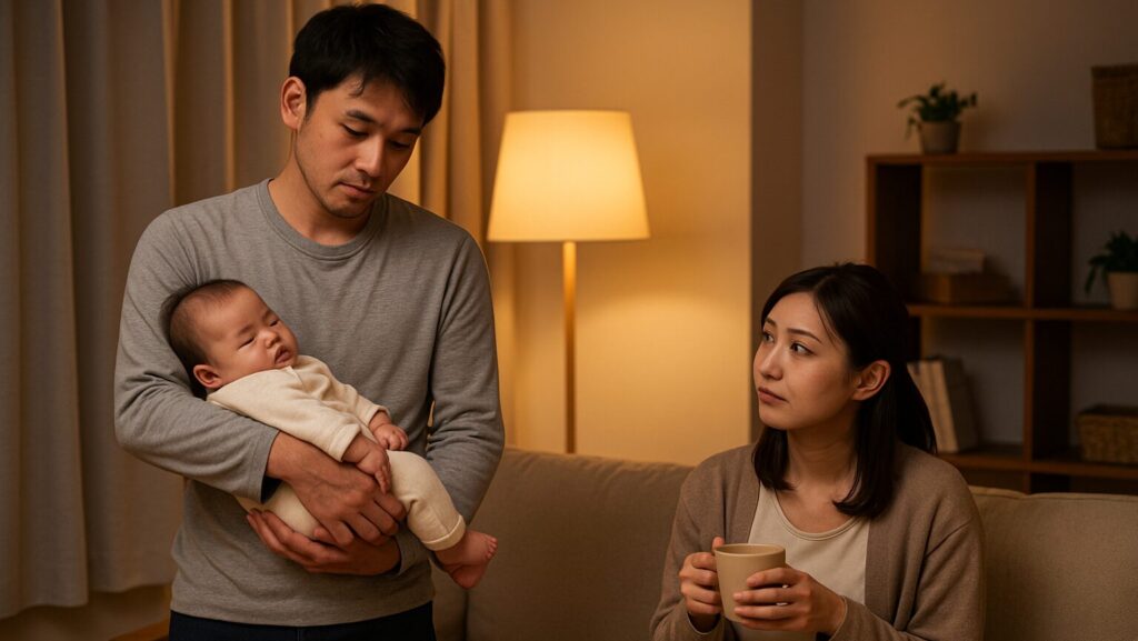 夜、パパが赤ちゃんを抱っこし、ママがそれを見ながら休憩している様子