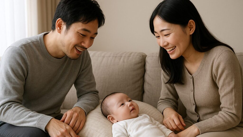夫婦がソファで赤ちゃんを見ながら笑顔になっている様子