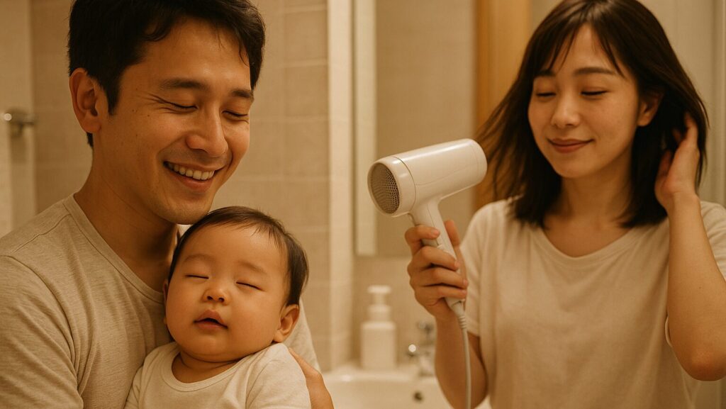 ママのドライヤーの音を聞いてうっとりしている赤ちゃんと笑顔のパパ