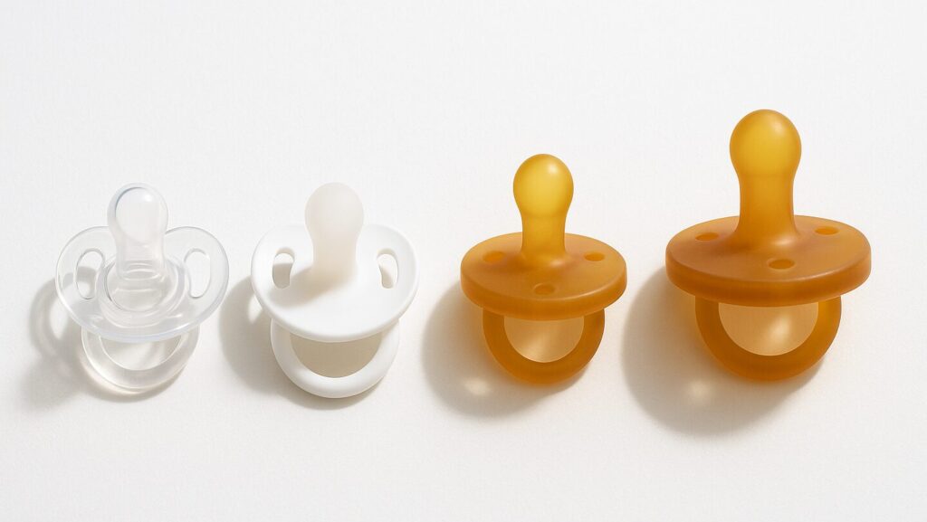 おしゃぶり4タイプを並べた比較画像。左2つはシリコン製(透明と白)、右2つは天然ゴム製(薄茶色)で、一番右は大きめのサイズ。