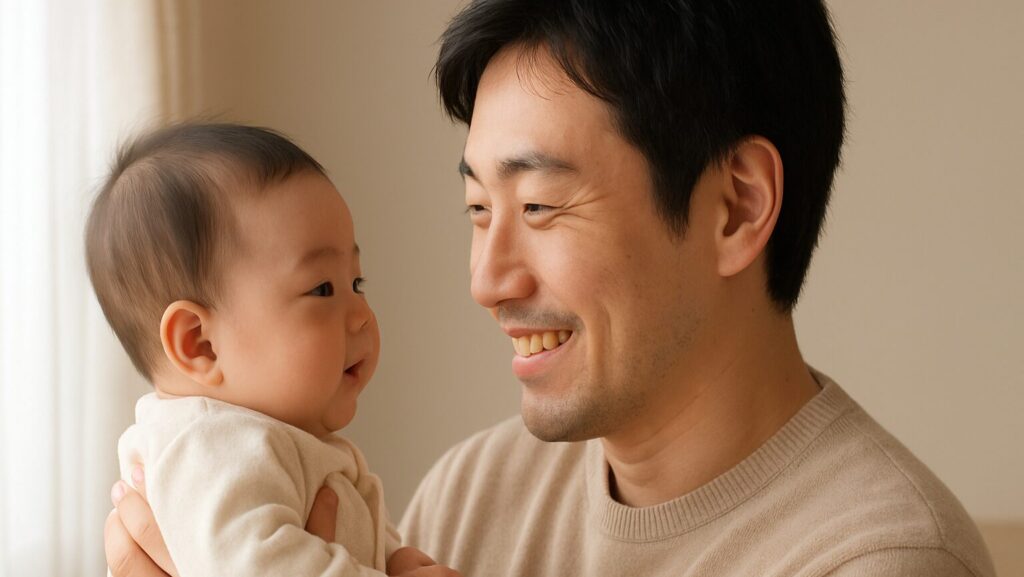 赤ちゃんを抱っこして笑顔になるパパ