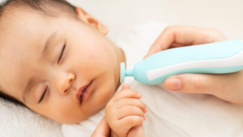 赤ちゃん用の電動やすりで赤ちゃんの爪を削っている様子