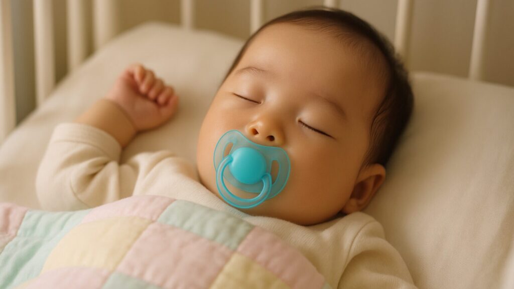 おしゃぶりをくわえてすやすやと眠る赤ちゃん