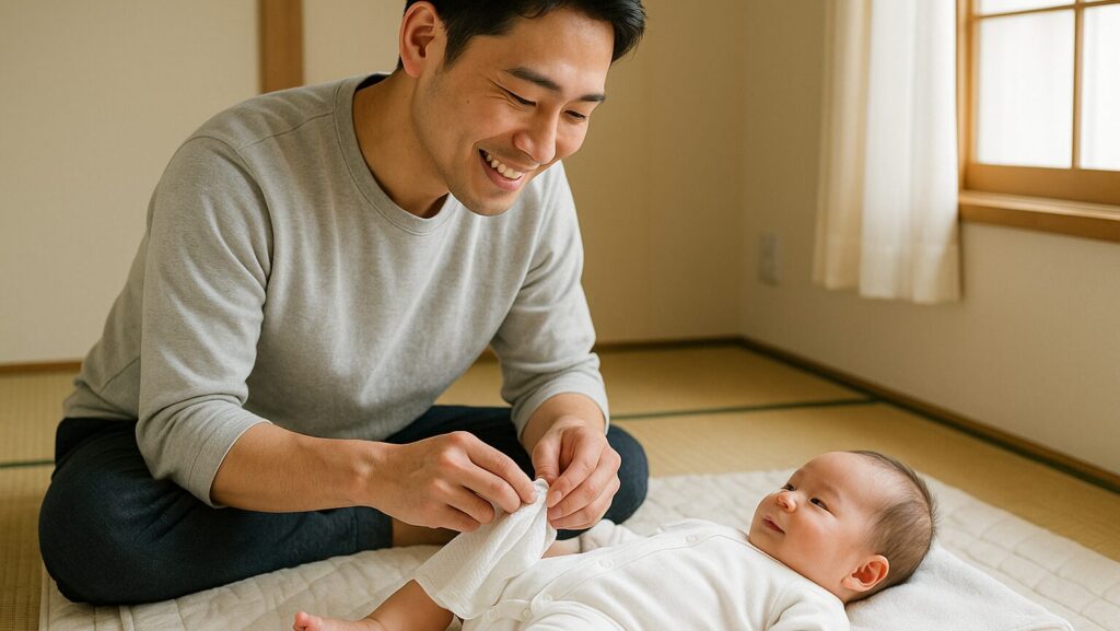 男性が赤ちゃんの着替えを完了させている場面