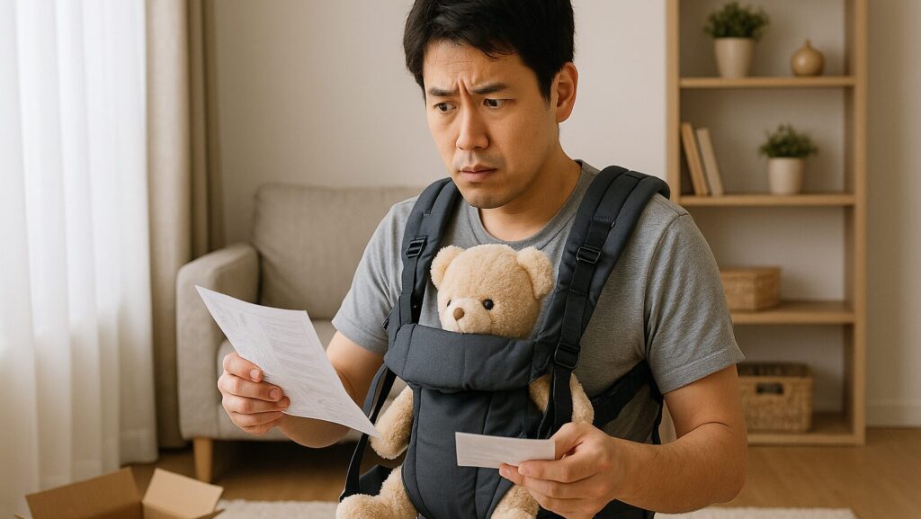 説明書を見ながら抱っこ紐の着け方の練習をするパパ