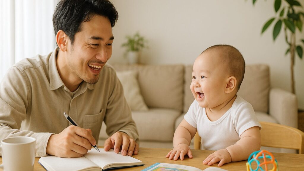 笑顔の赤ちゃんの横で手帳を広げてペンを持っている父