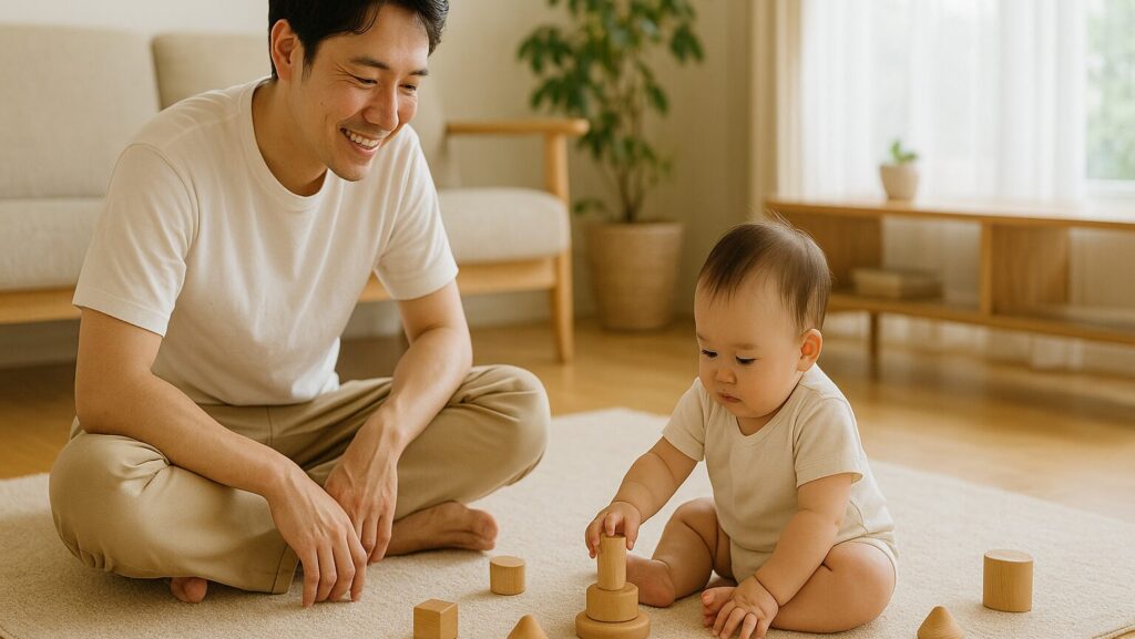 積み木で遊ぶ赤ちゃんとそれを見守るパパ