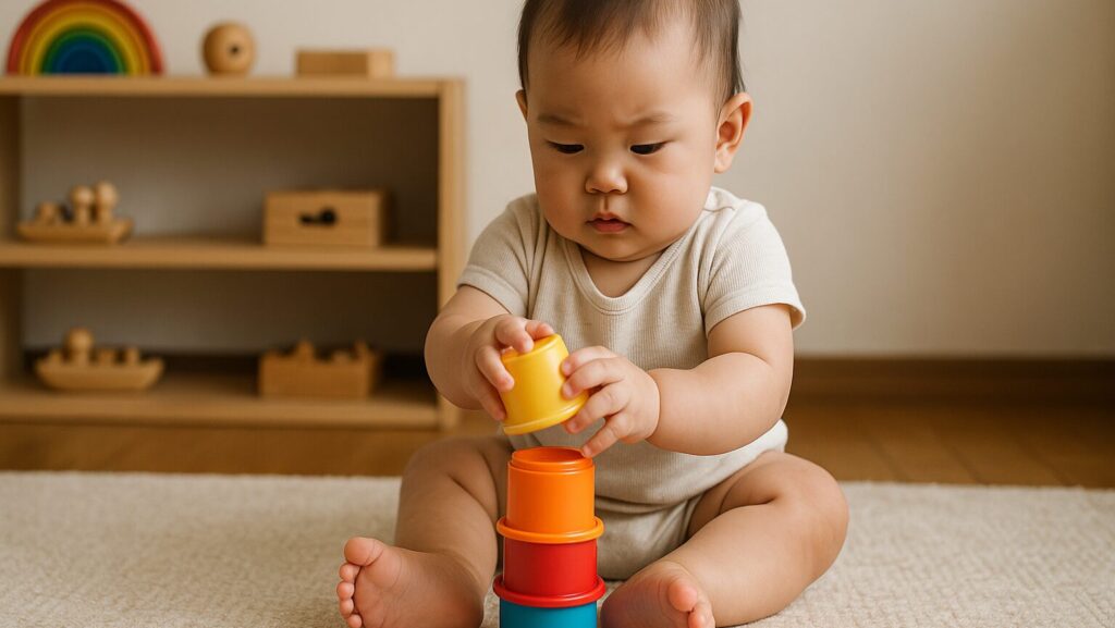 険しい表情でコップを重ねて遊ぶ赤ちゃん