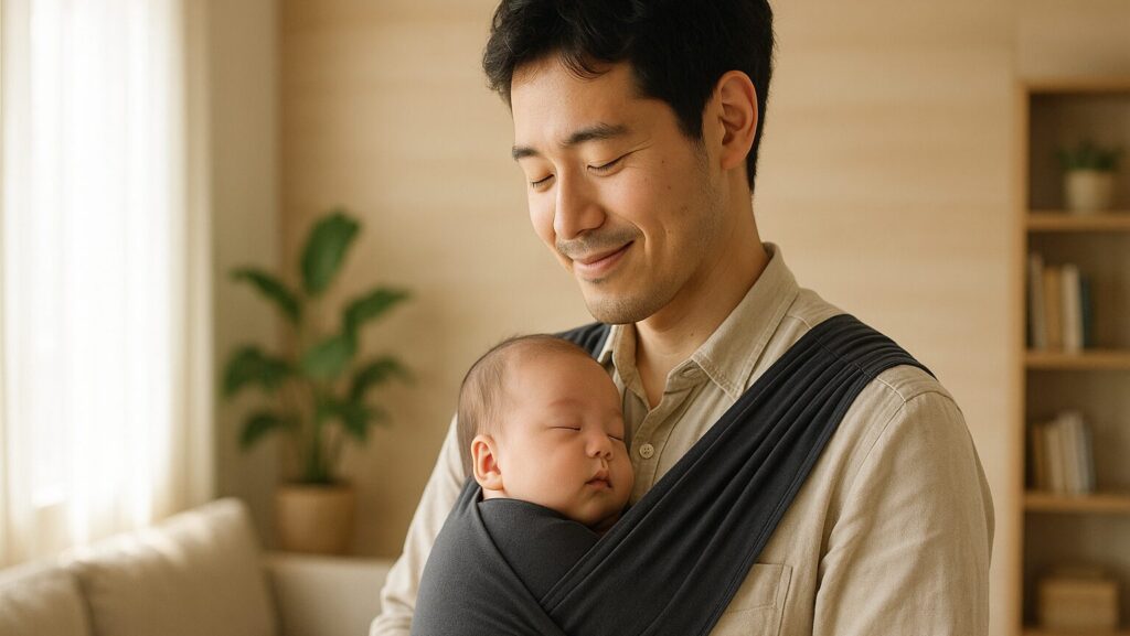 パパの抱っこ紐で抱かれて気持ちよさそうに眠る赤ちゃん