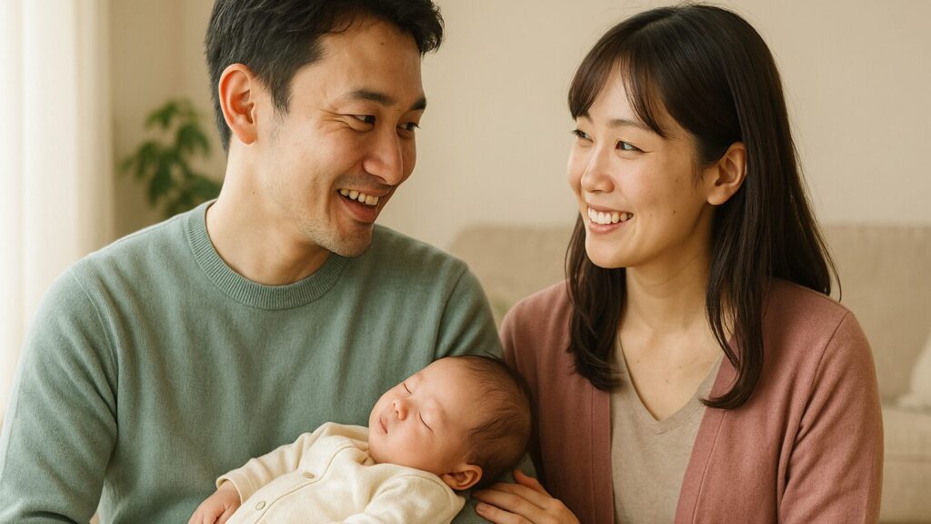 夫婦が赤ちゃんを抱っこして見つめ合う様子