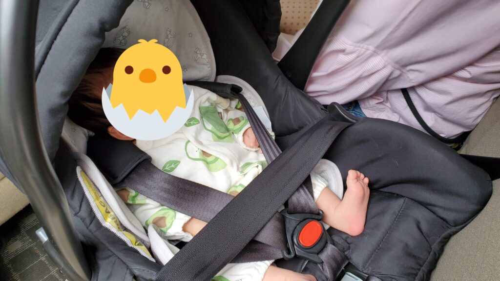 チャイルドシートに乗って車に乗せられている我が子