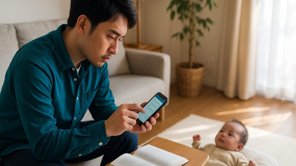 育児をしながらスマホで勉強する父親