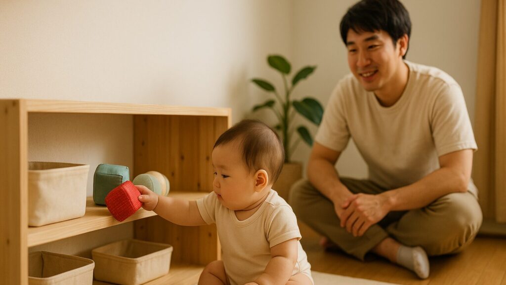 棚から布製のおもちゃを出す子供とそれを見守る父