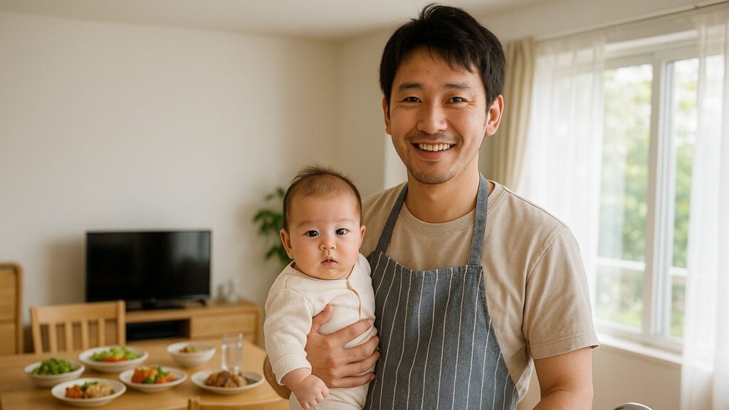 エプロンを着てご飯支度を終えた30代のパパが赤ちゃんを抱っこしてこちらを見ている様子