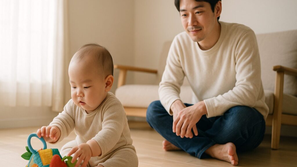 おもちゃで遊ぶ赤ちゃんを見守る父親