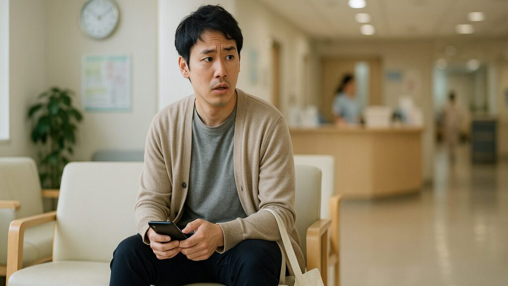病院の待合室で不安そうな表情をしている夫
