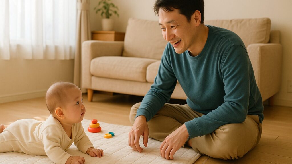 うつ伏せの赤ちゃんを笑顔で見守る父親