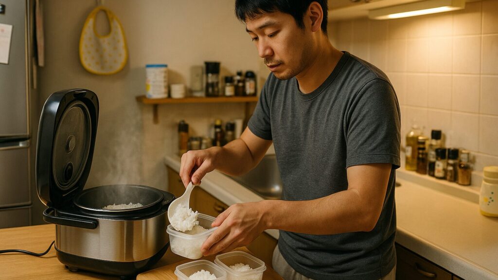 男性がご飯を炊飯器からタッパーに移し替えている様子